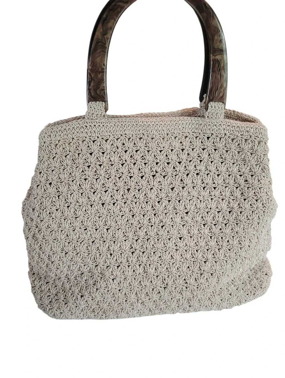 Vintage Liz Claiborne Cream Crochet Star Stitch Handbag Tortoiseshell Handle